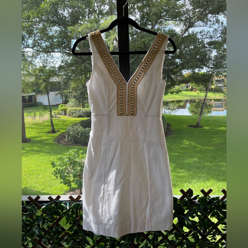 Lilly Pulitzer White & Gold Beaded Shift Dress